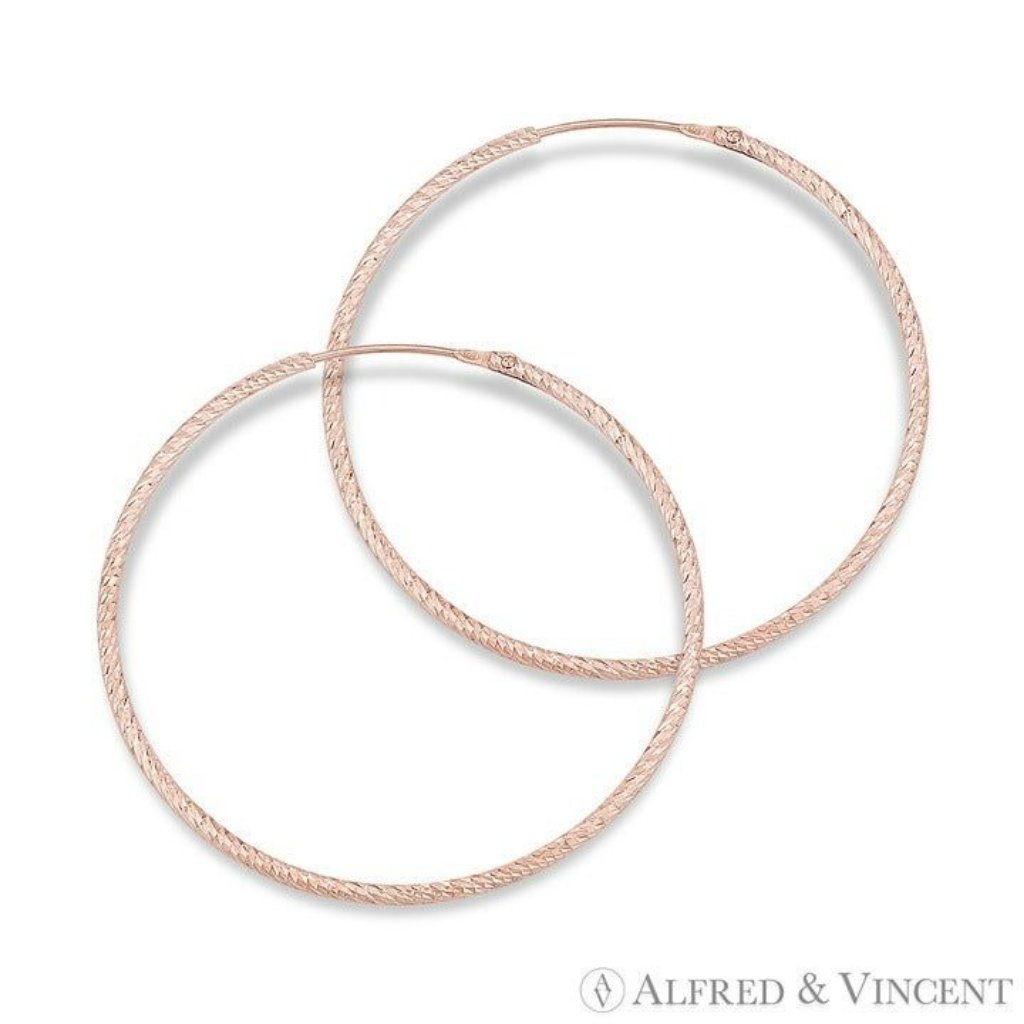 Diamond-Cut Pave Tube Hoop Earrings In .925 Sterling Silver W/ 14k Rose Gold